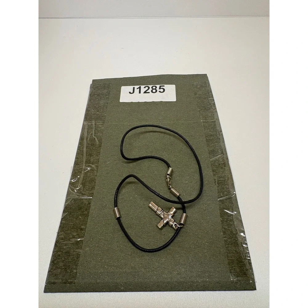 Silver Tone Wire Wrapped Cross Pendant Black Cord Necklace Industrial Biker